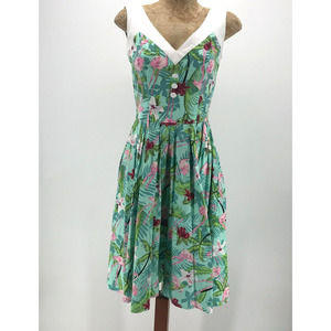 Hell Bunny Vixen Dress Womens XS Flamingo Tropical Fit & Flare V Neck Retro Flaw